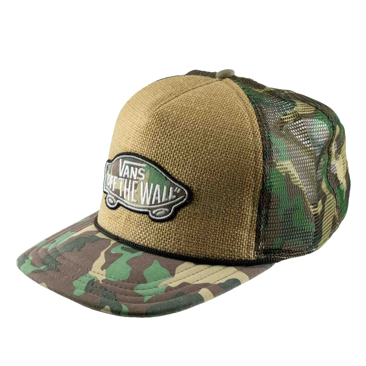 Camouflage and brown cap with Vans 'Off The Wall' logo on a white background