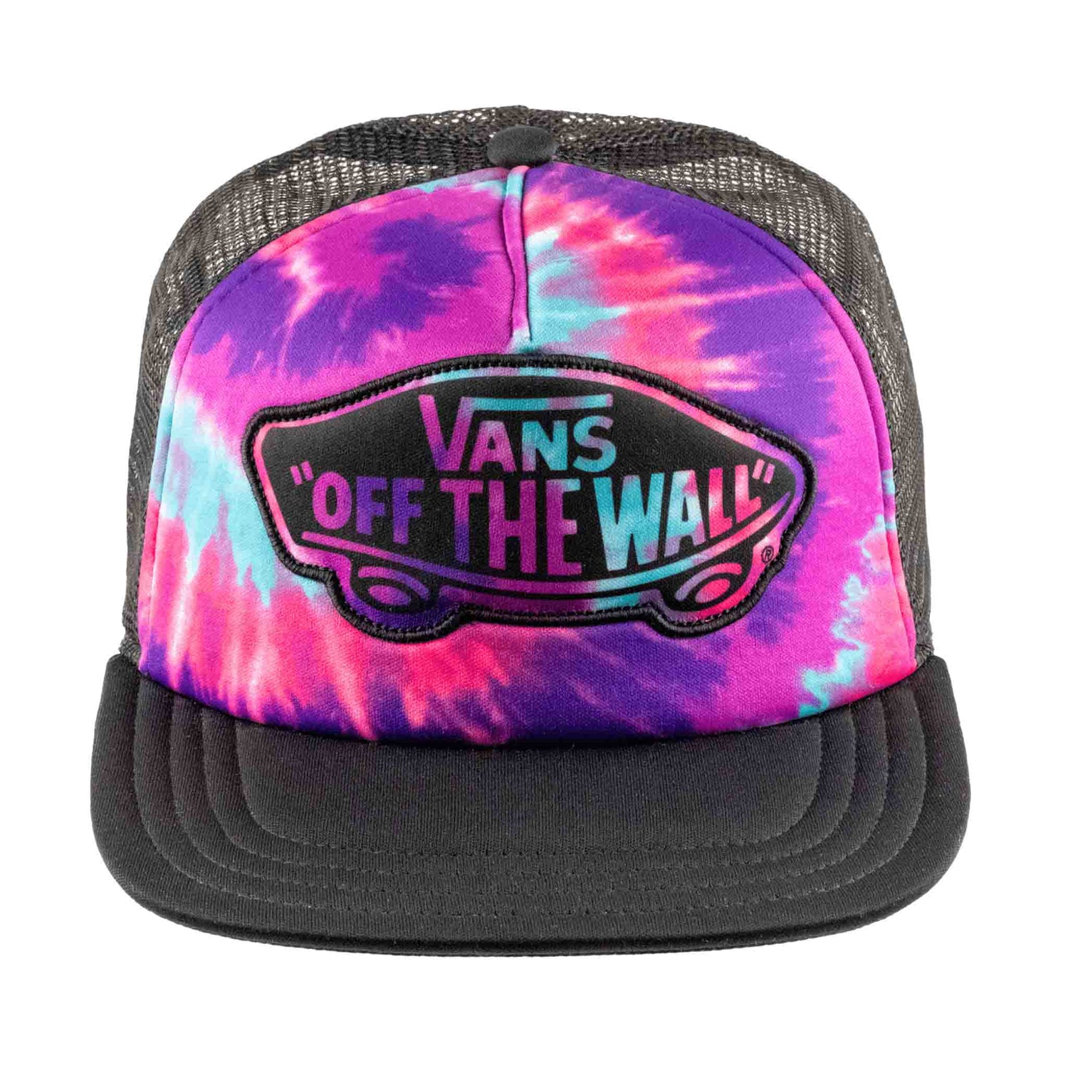 Tie-dye trucker hat with Vans 'Off The Wall' logo on a white background