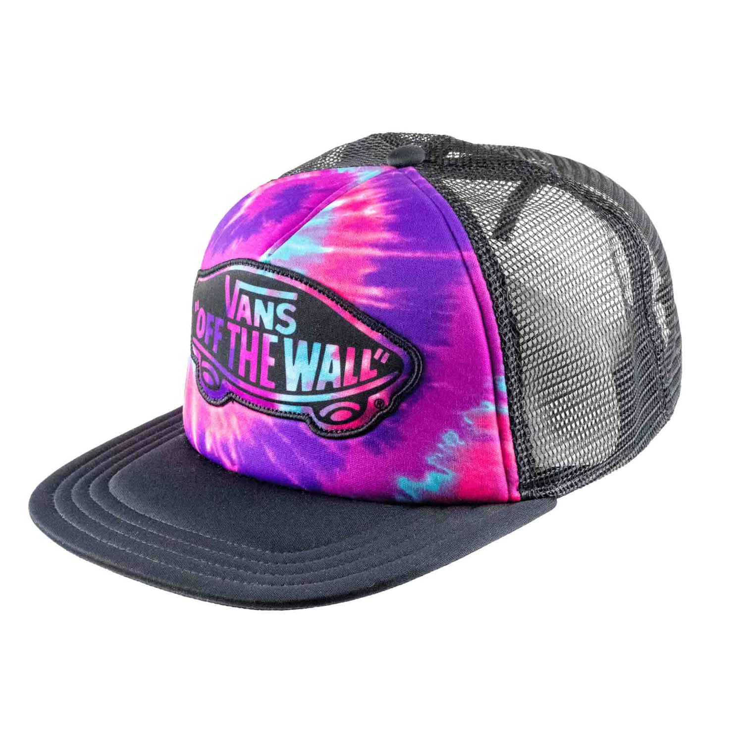 Tie-dye trucker hat with Vans logo on a white background