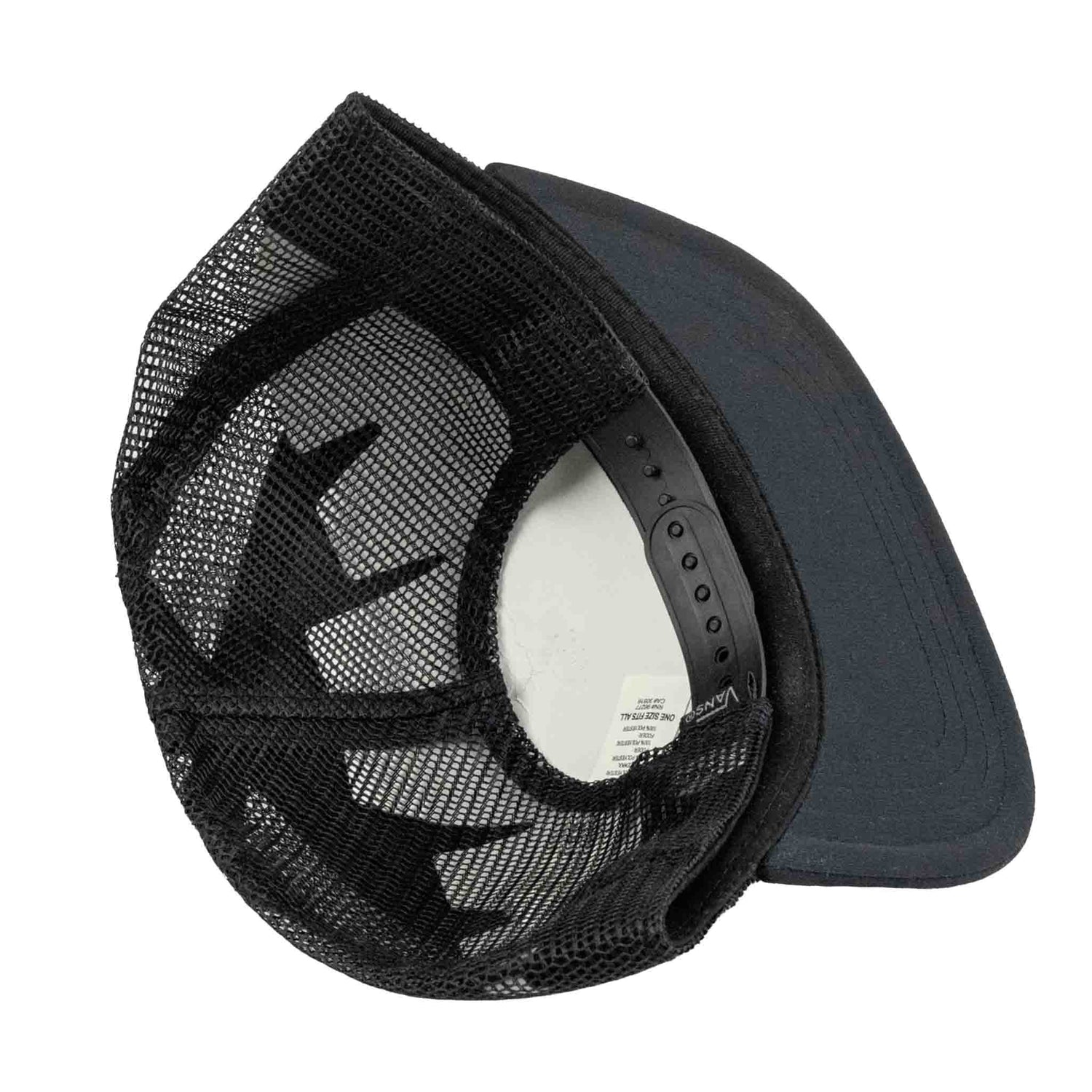 Black mesh cap with a dark blue bill on a white background