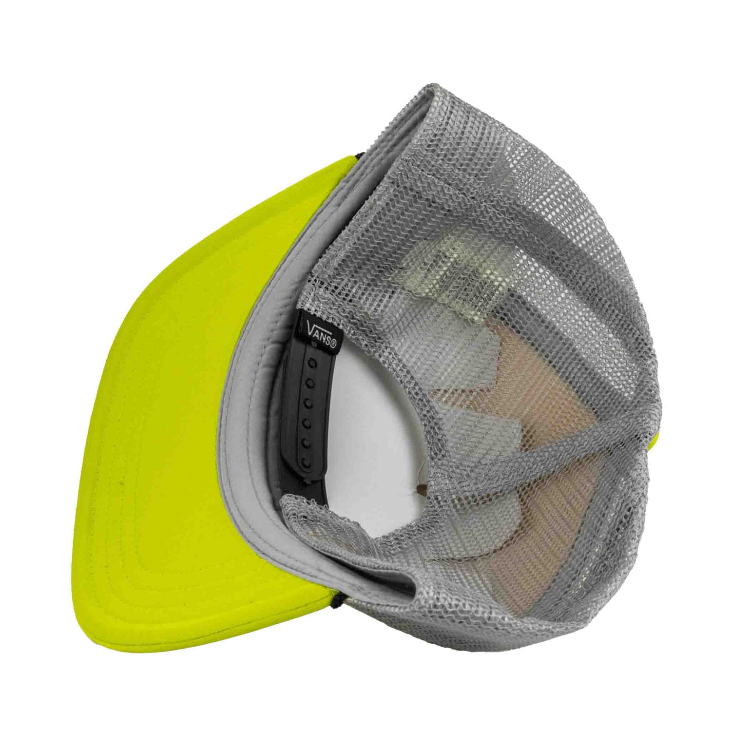 Yellow and gray cap with mesh back on a white background