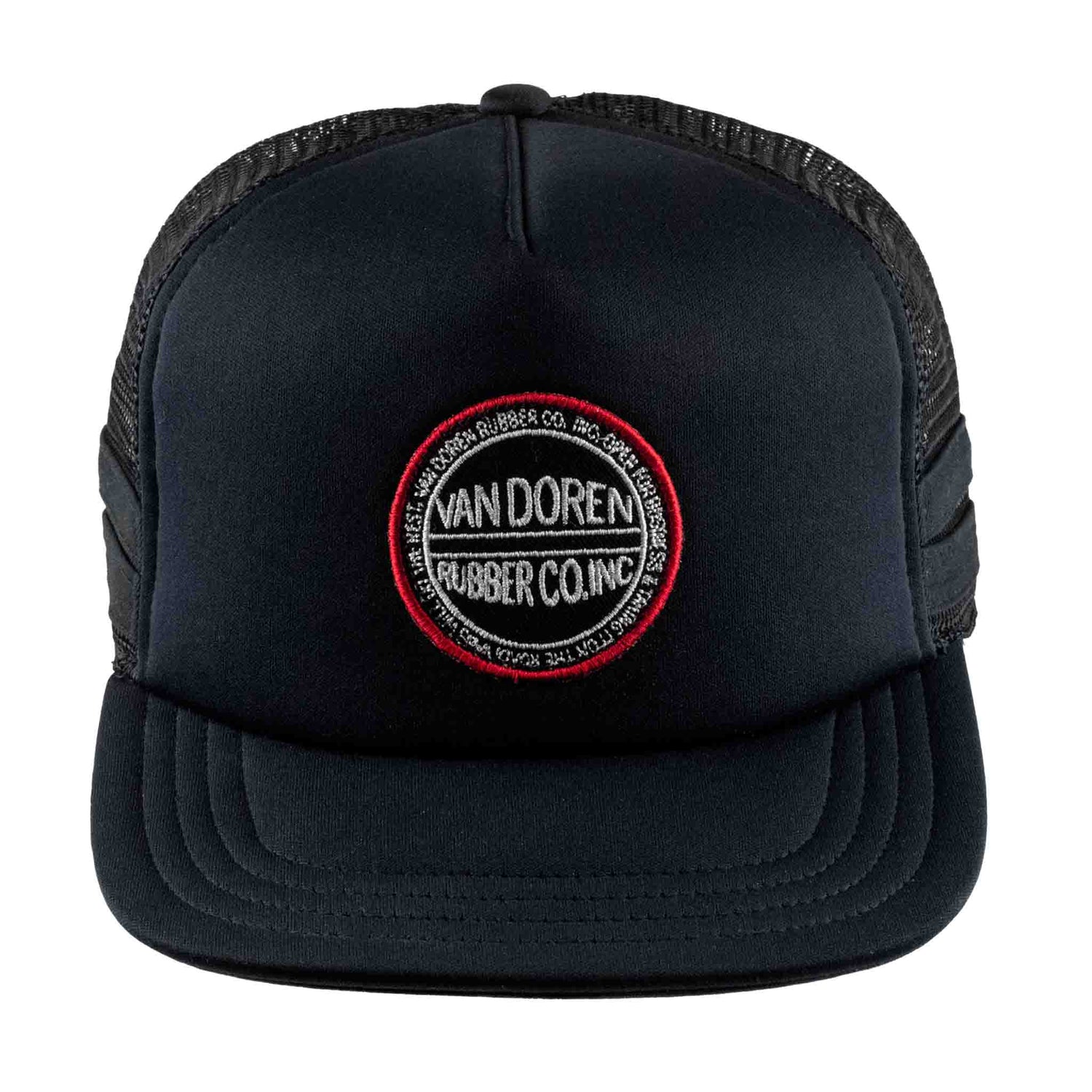 Black trucker cap with a red and white logo on a white background