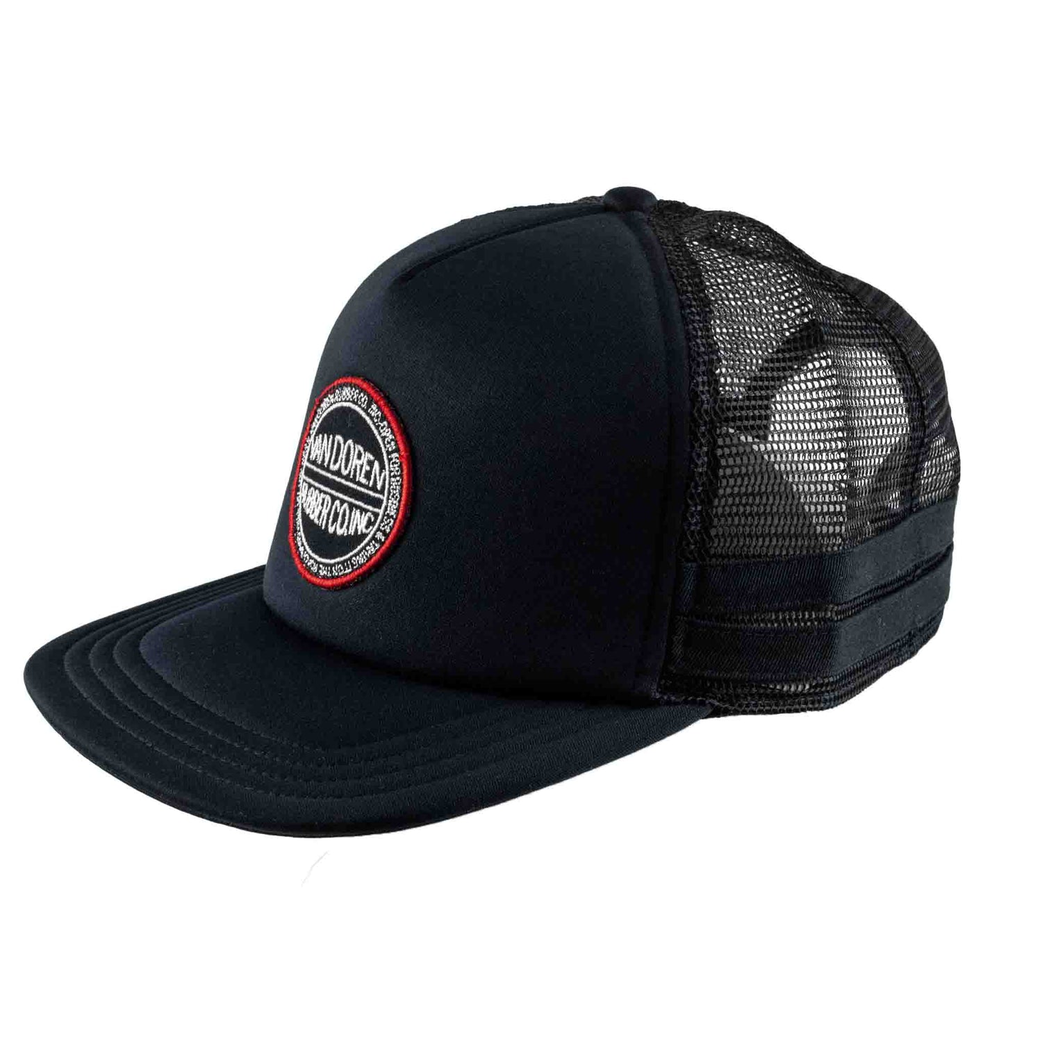 Black trucker cap with a red and white logo on a white background
