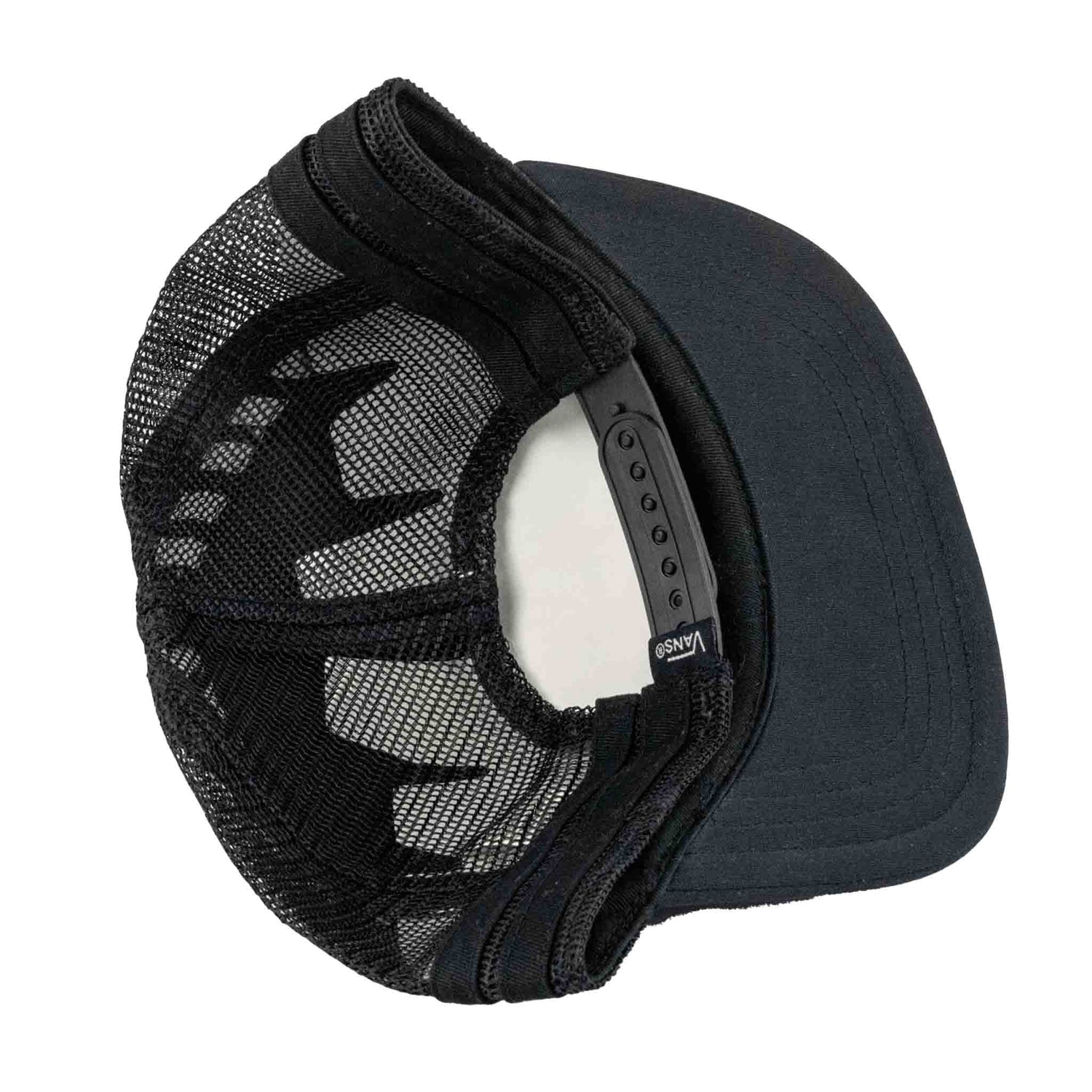 Black mesh cap with a dark blue bill on a white background