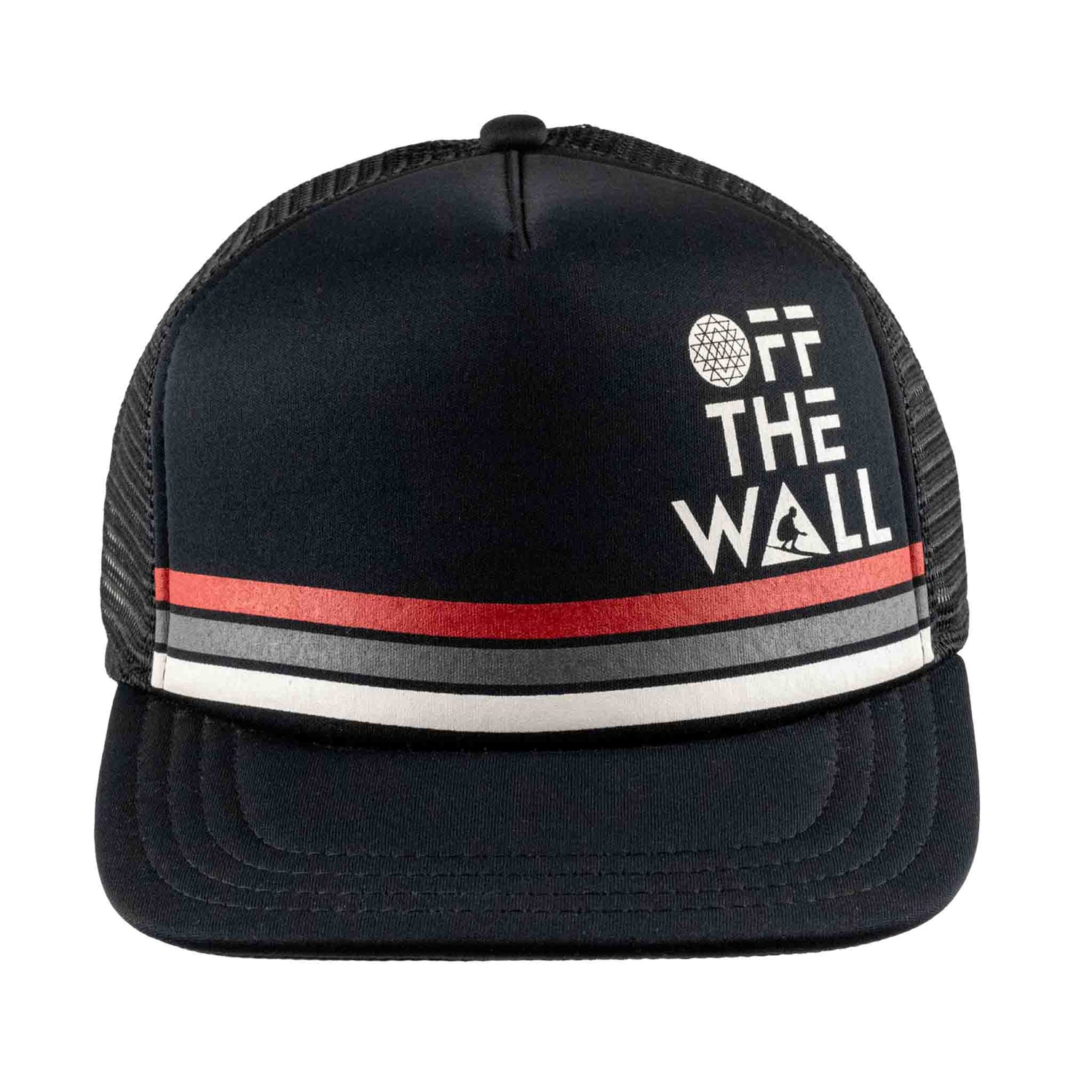 Black trucker cap with 'Off The Wall' text and colorful stripes on a white background