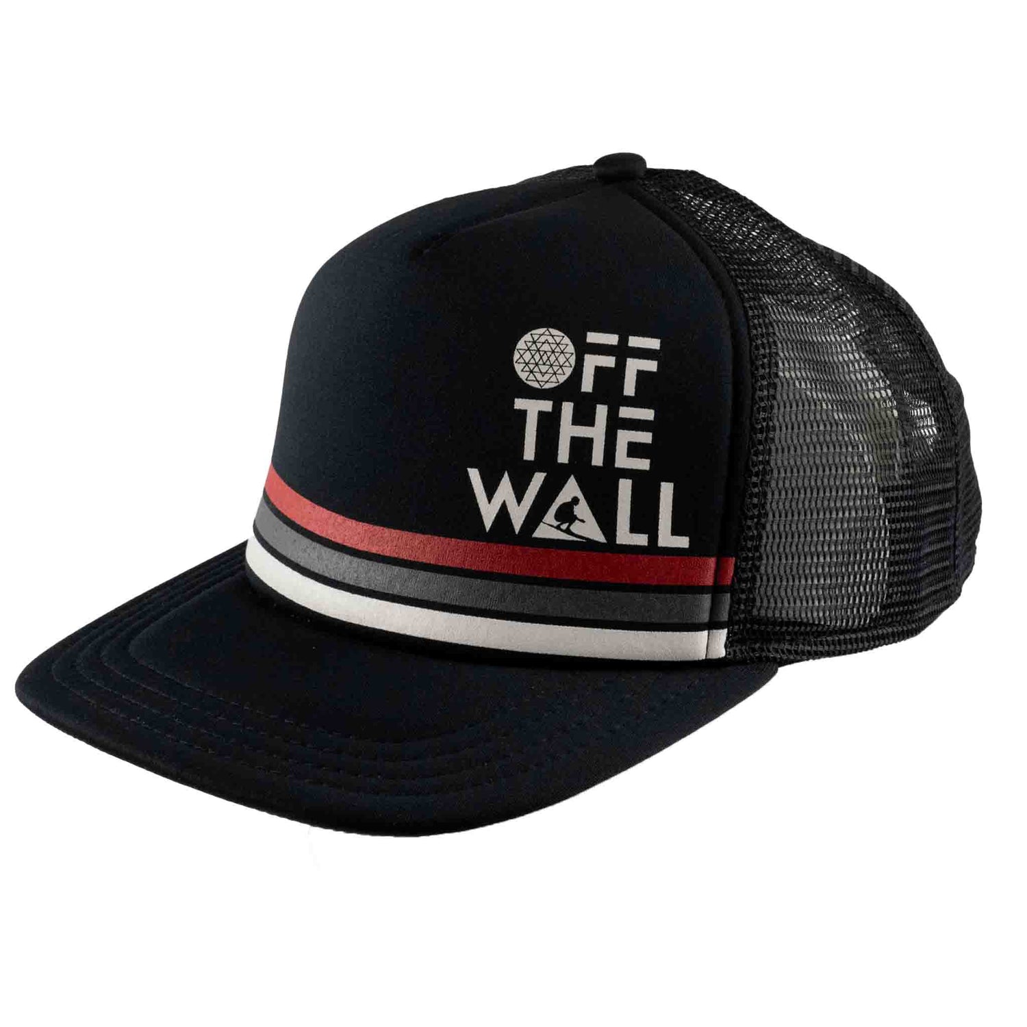 Black trucker cap with 'Off The Wall' text and red and white stripe on a white background