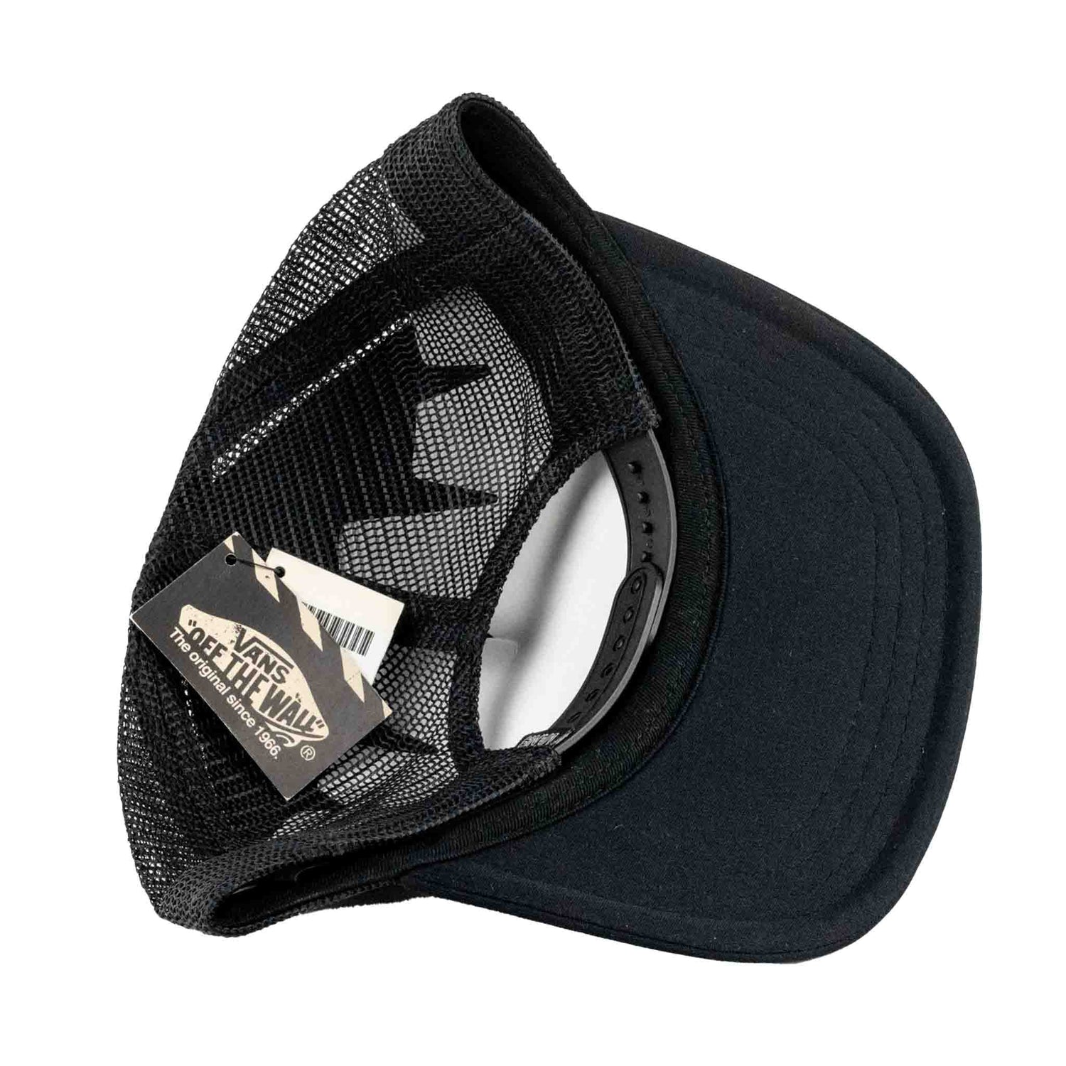 Black cap with mesh back and visible brand tag on a white background