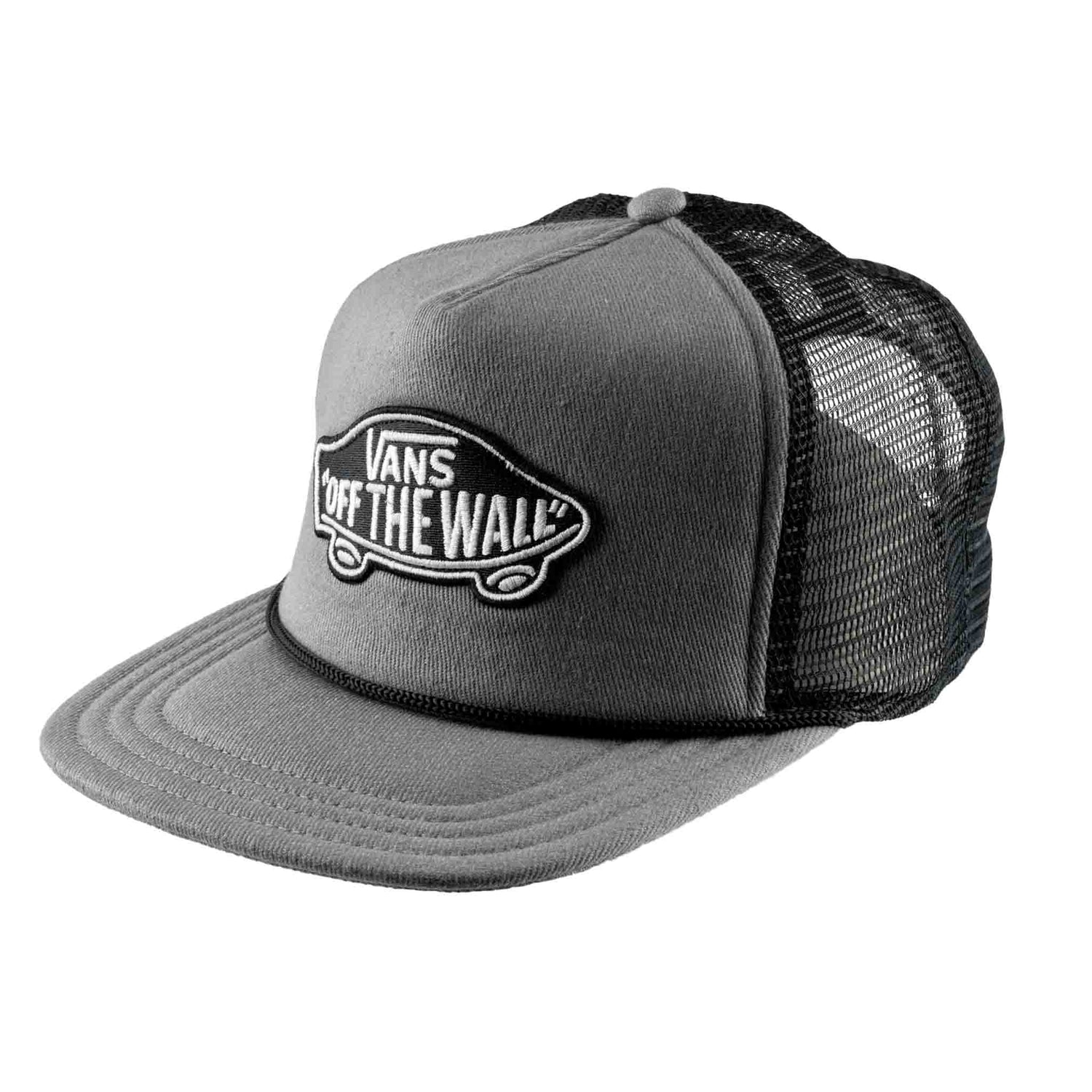 Gray trucker cap with black mesh and Vans logo on a white background