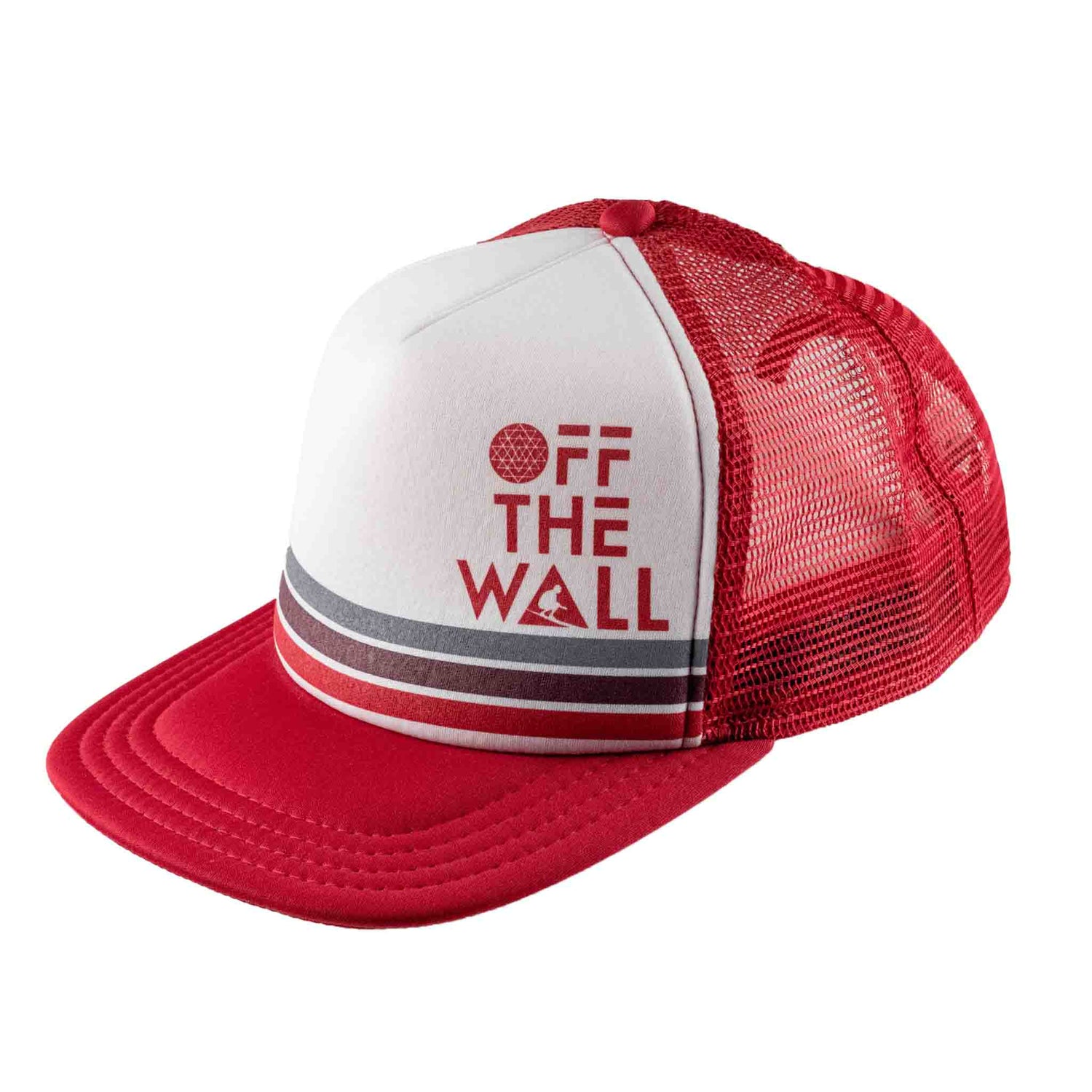 Red and white cap with 'Off The Wall' text on a white background