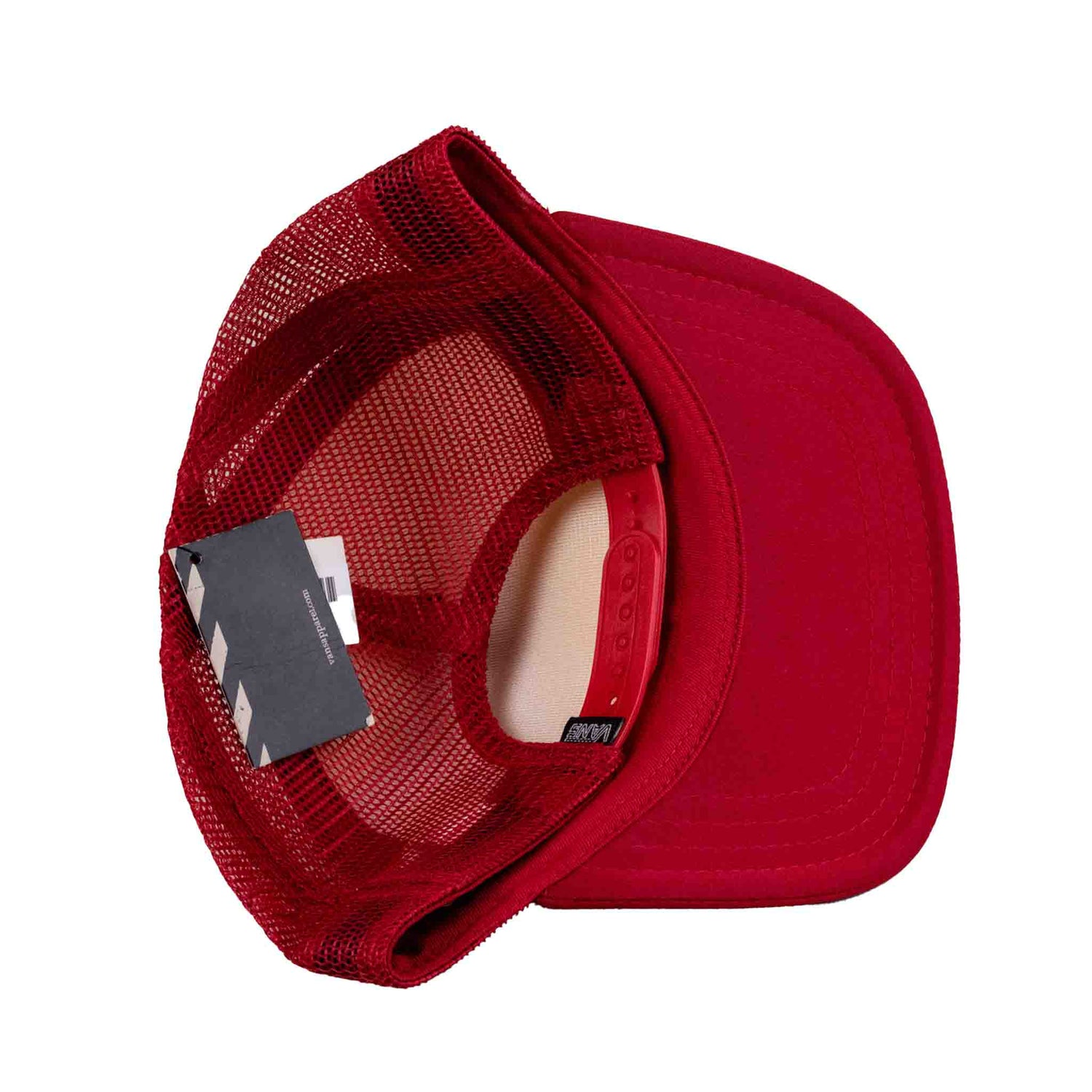 Red cap with mesh back on a white background