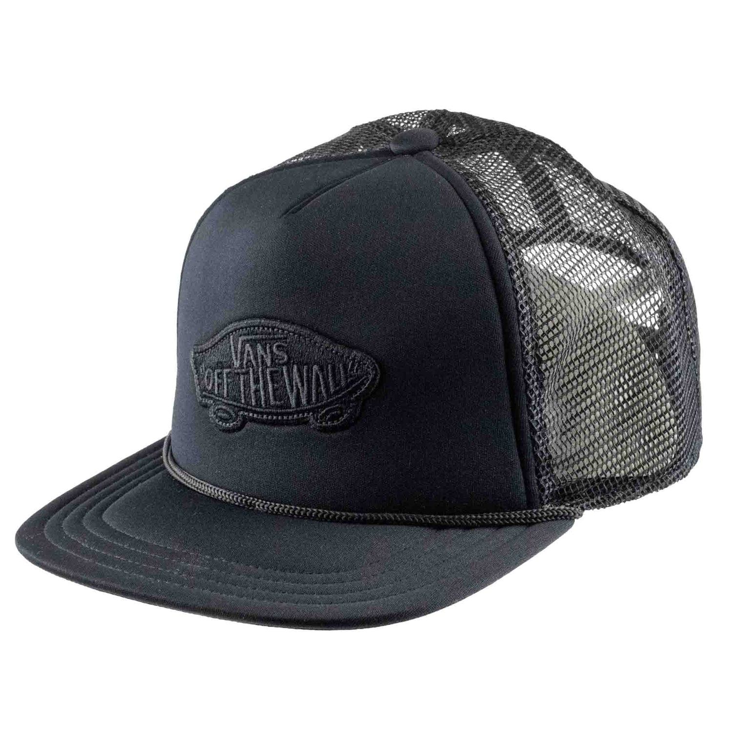 Black trucker cap with mesh back and Vans logo. Side view on a white background