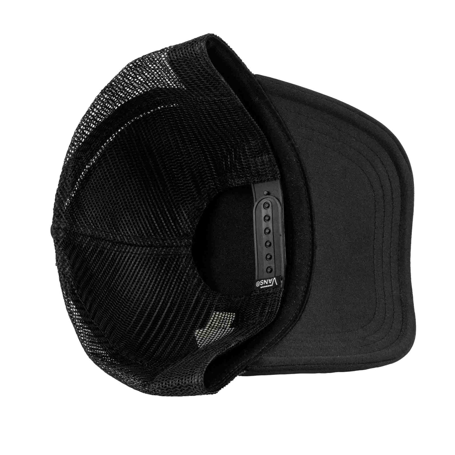 Black trucker cap with mesh back on a white background