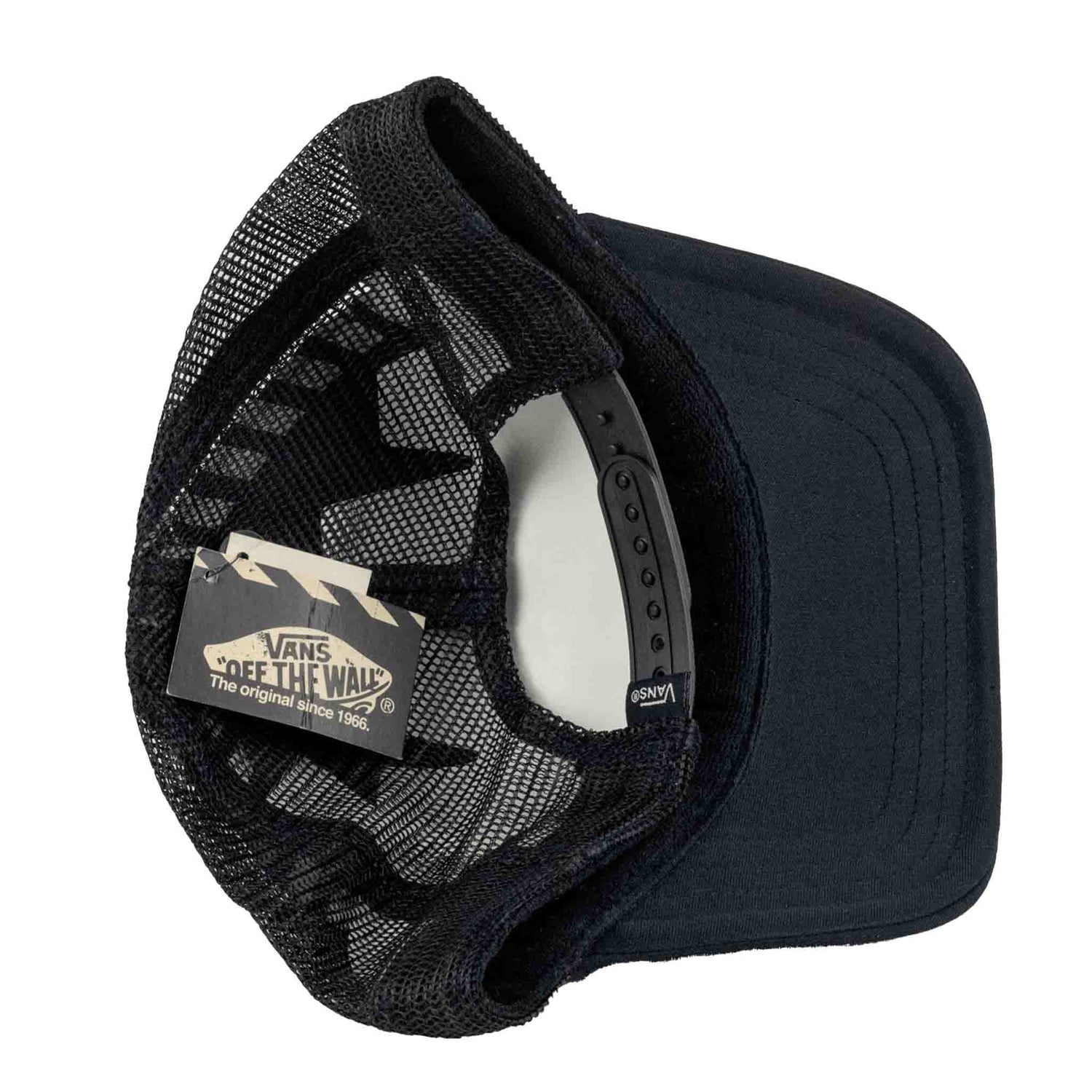 Black mesh cap with a Vans logo on a white background