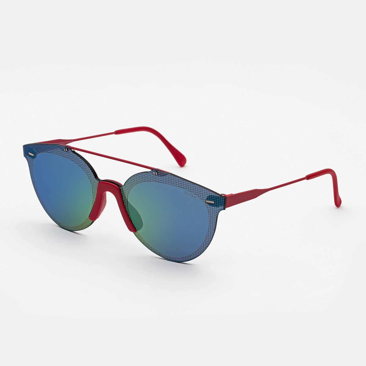 A pair of Retrosuperfuture sunglasses with red frame and blue mirrored lenses.